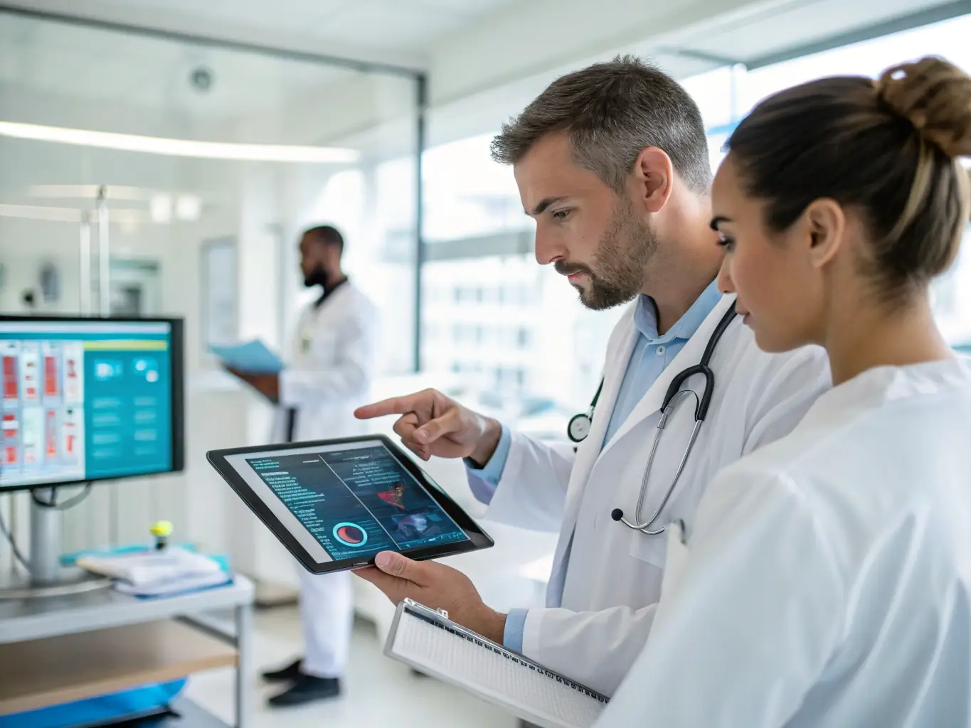 A diverse group of employees smiling and working together in a modern office setting, with a subtle healthcare icon overlayed in the background to represent comprehensive benefits.