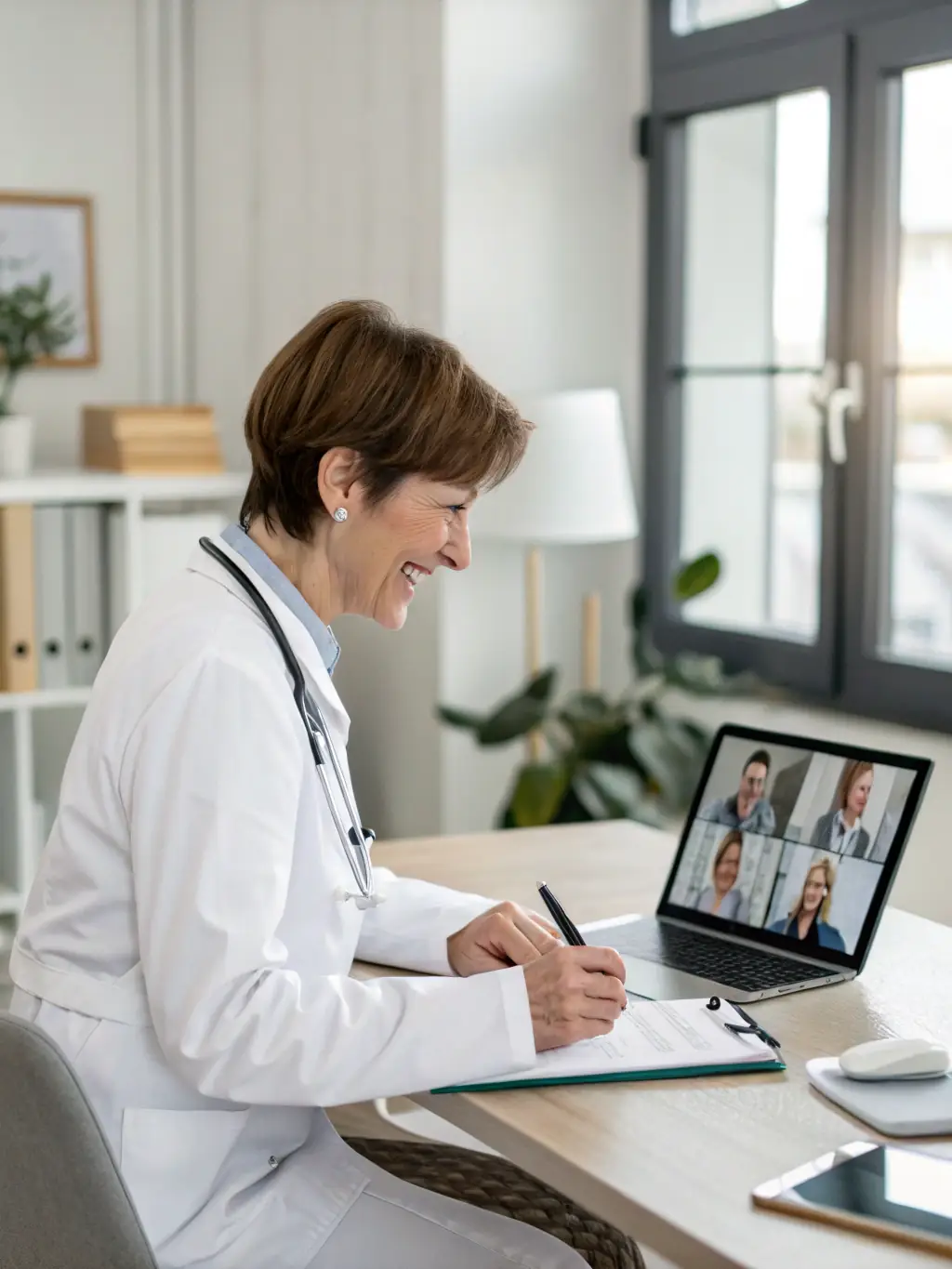 A friendly doctor smiling and waving during a virtual consultation on a laptop screen, set in a modern home office environment, emphasizing the ease of access to healthcare.