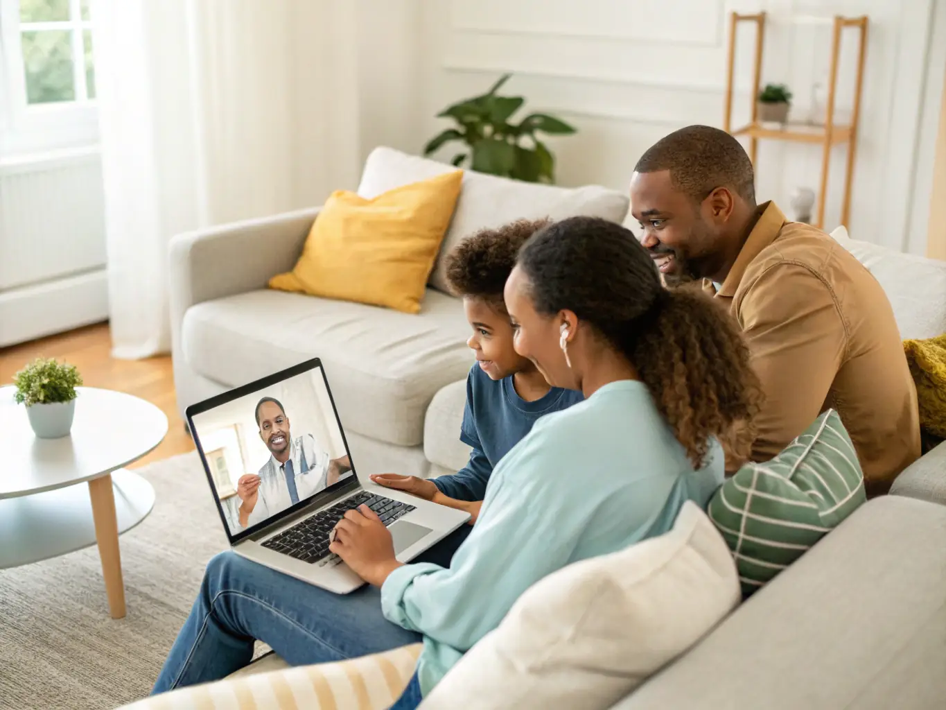 A family happily using a smartphone app to schedule a virtual doctor's appointment, emphasizing the affordability and convenience of the service.