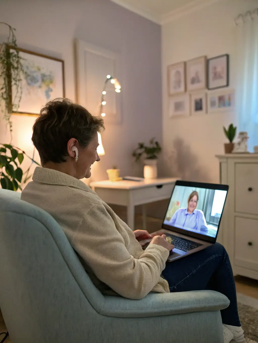 A therapist shown in a video call with a patient, both displaying calm and understanding, set in a comfortable and private virtual environment, emphasizing the accessibility of mental health support.
