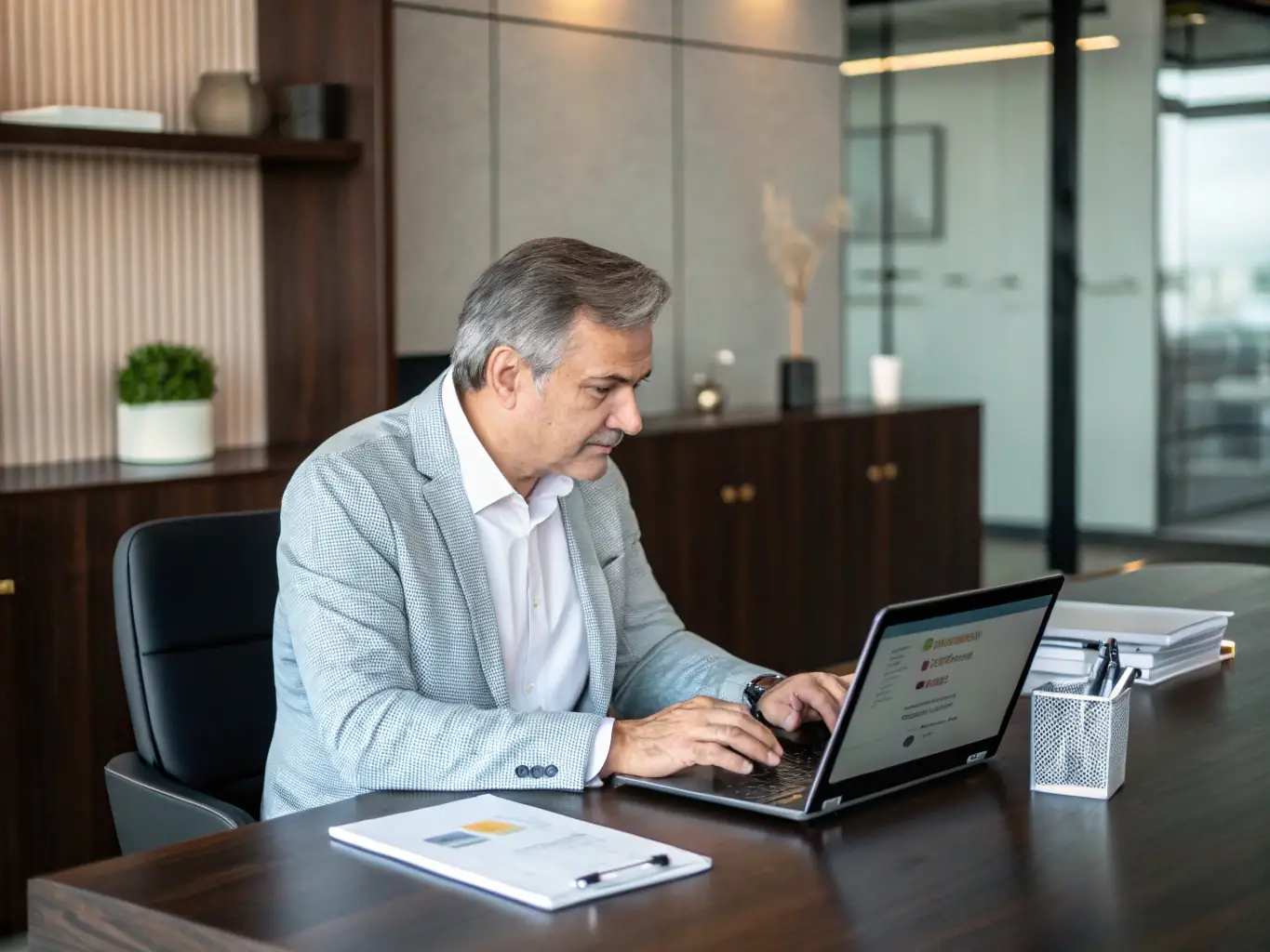 A small business owner confidently using a tablet to manage employee benefits, showcasing the ease and accessibility of Third Sector Benefits for small businesses.