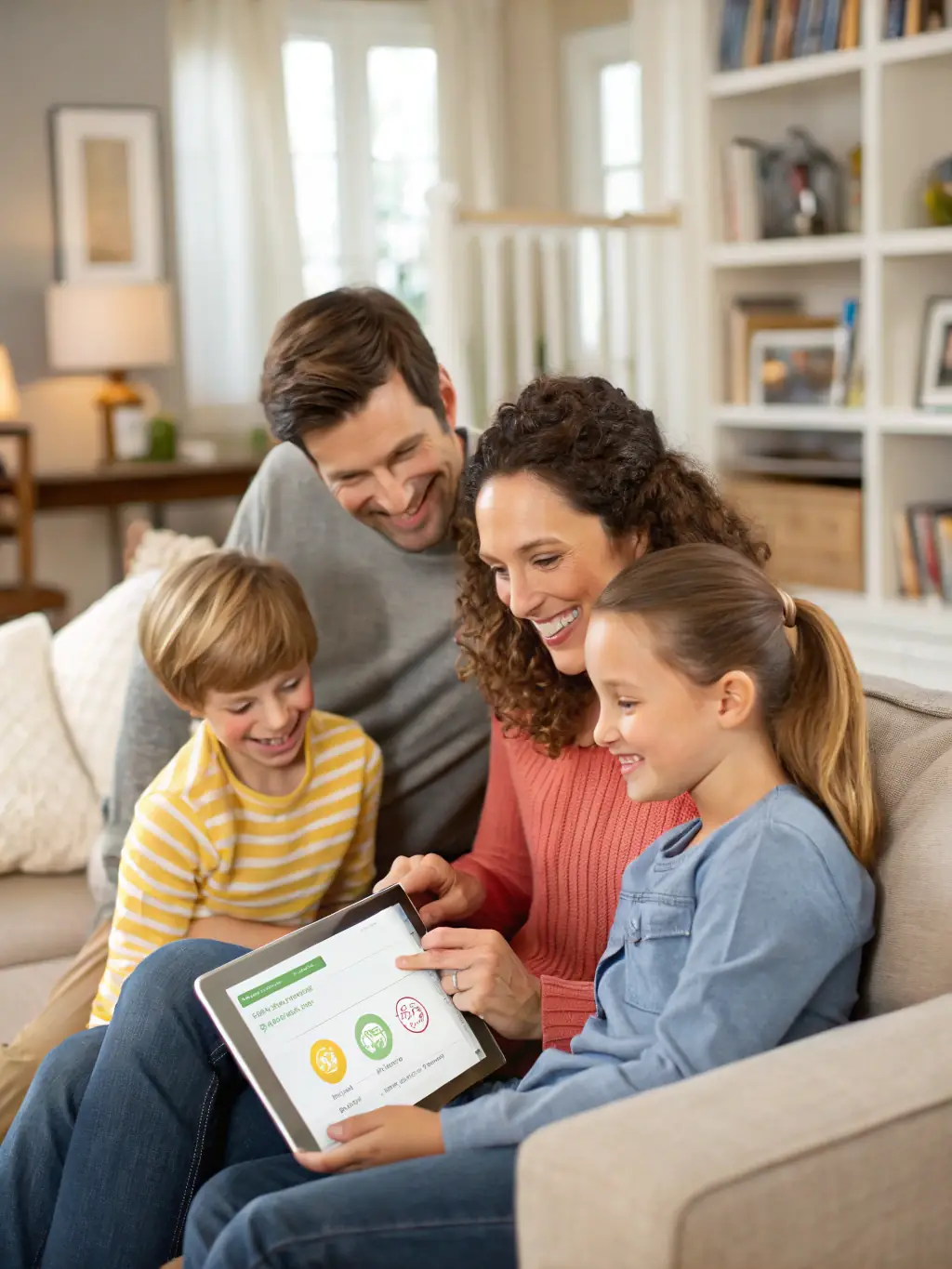 A family happily interacting with a doctor during a virtual consultation on a large screen, emphasizing the whole-household coverage.