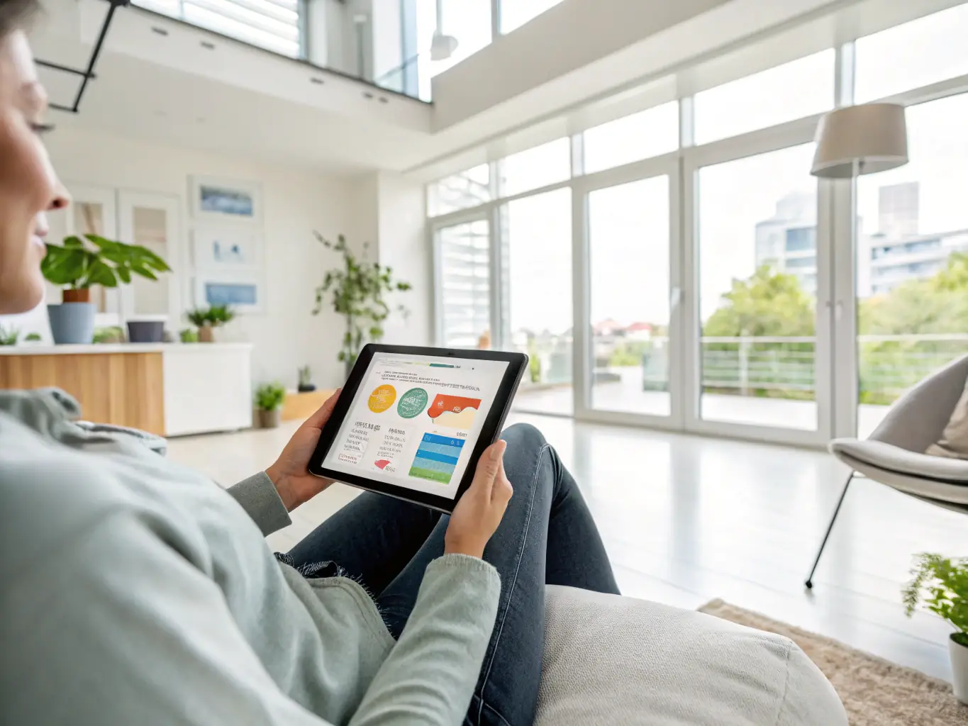 An individual reviewing healthcare plan options on a tablet, with a clear and easy-to-understand interface. The setting is a relaxed living room, highlighting the simplicity and transparency of Third Sector Benefits.