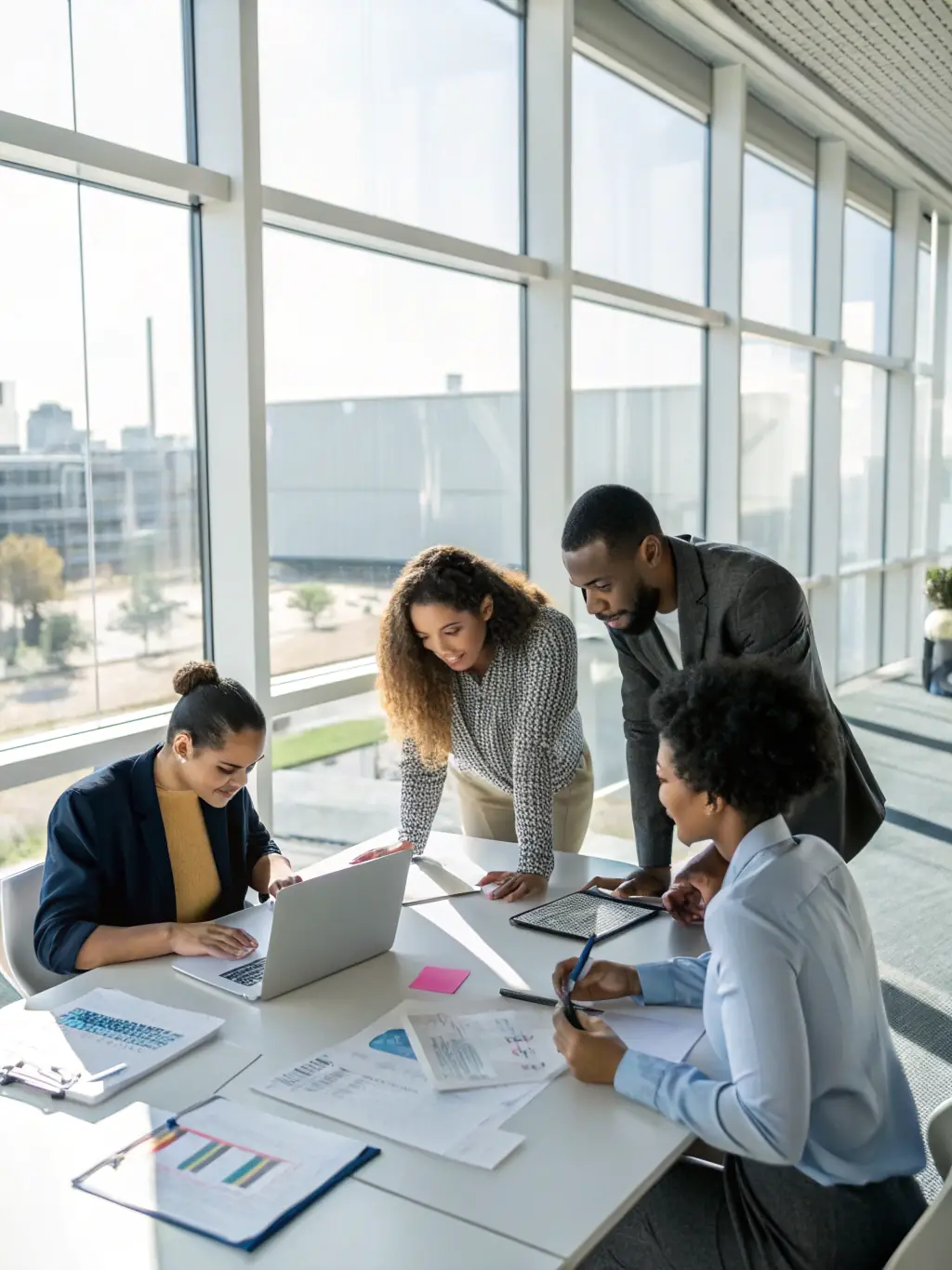 A diverse group of nonprofit employees smiling and collaborating in a modern office setting, symbolizing a healthy and engaged workforce, with the Third Sector Benefits logo subtly displayed in the background.