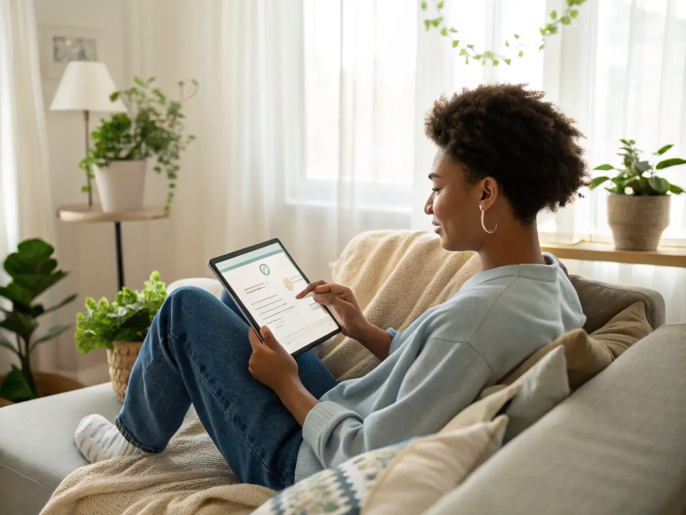 A person using a tablet to connect with a therapist via video call, showcasing the ease and accessibility of mental health support.