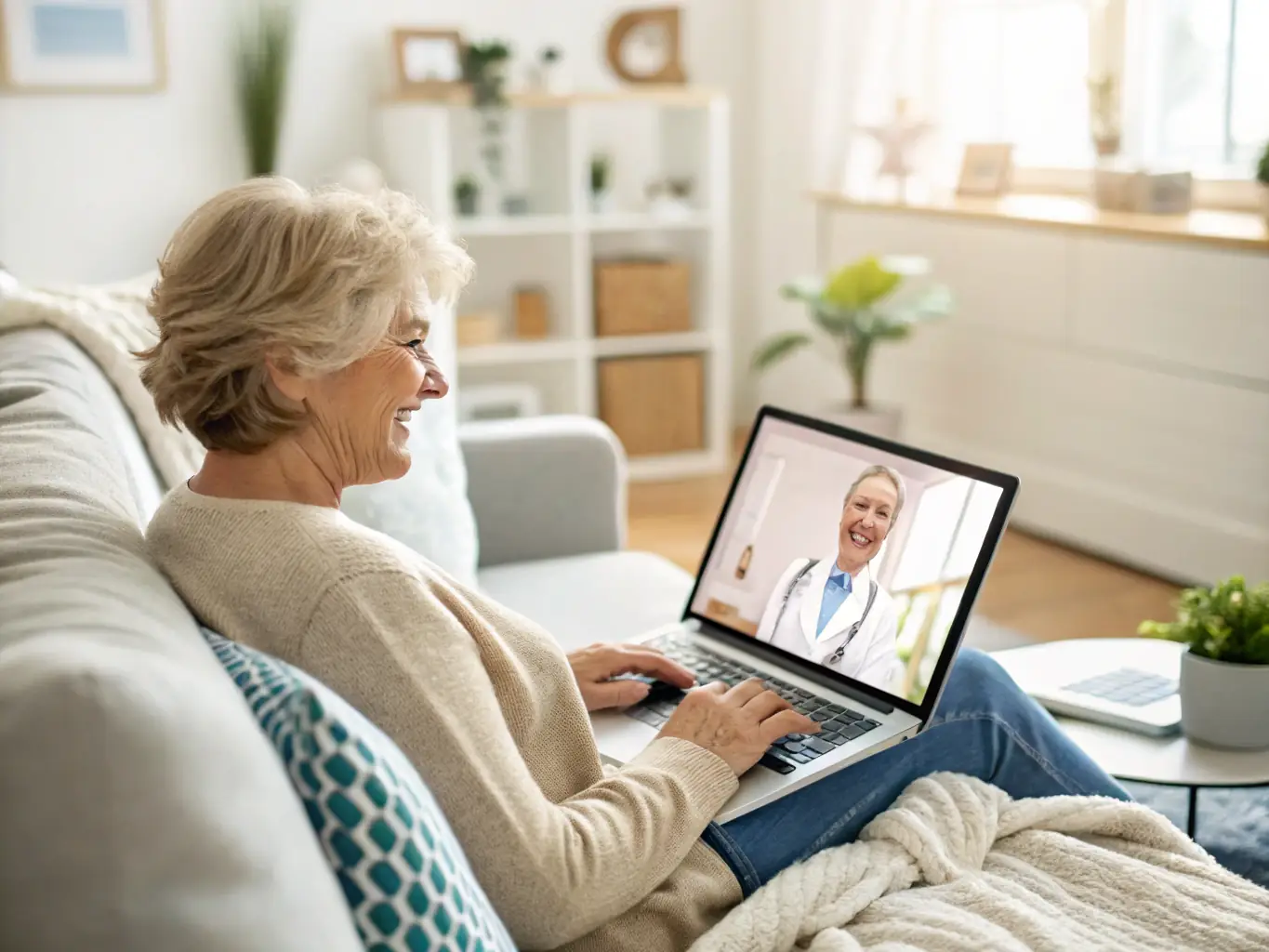 A sole proprietor working from a home office, looking relieved while consulting with a doctor on a laptop screen during a virtual appointment. The setting is warm and inviting, emphasizing the convenience and accessibility of virtual healthcare.