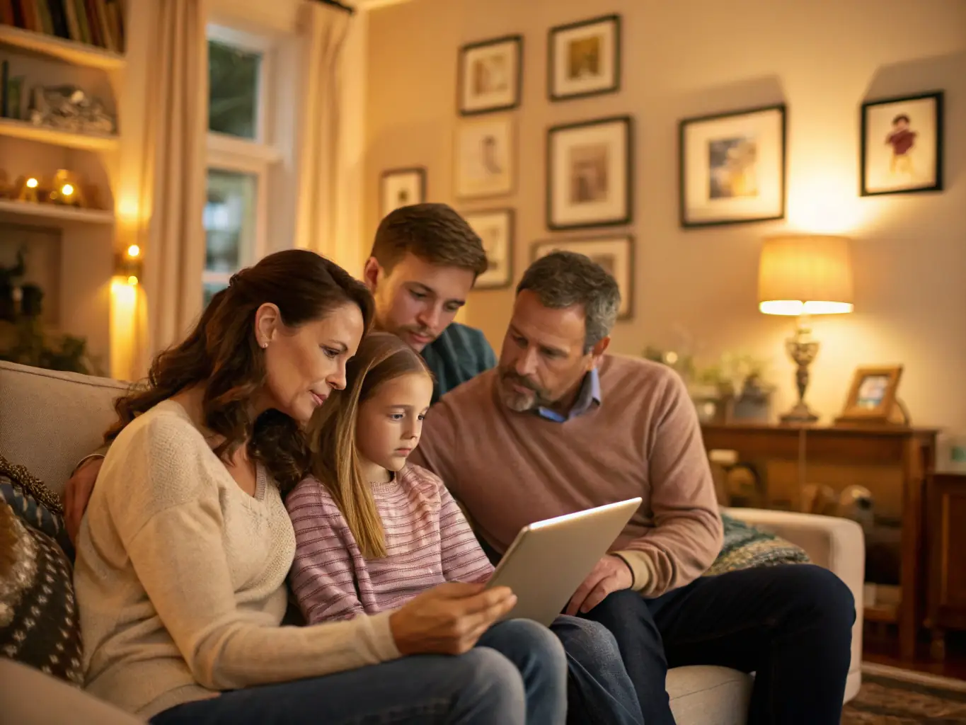 A family happily using a telehealth app on their tablet at home, illustrating the convenience and accessibility of virtual healthcare for families.