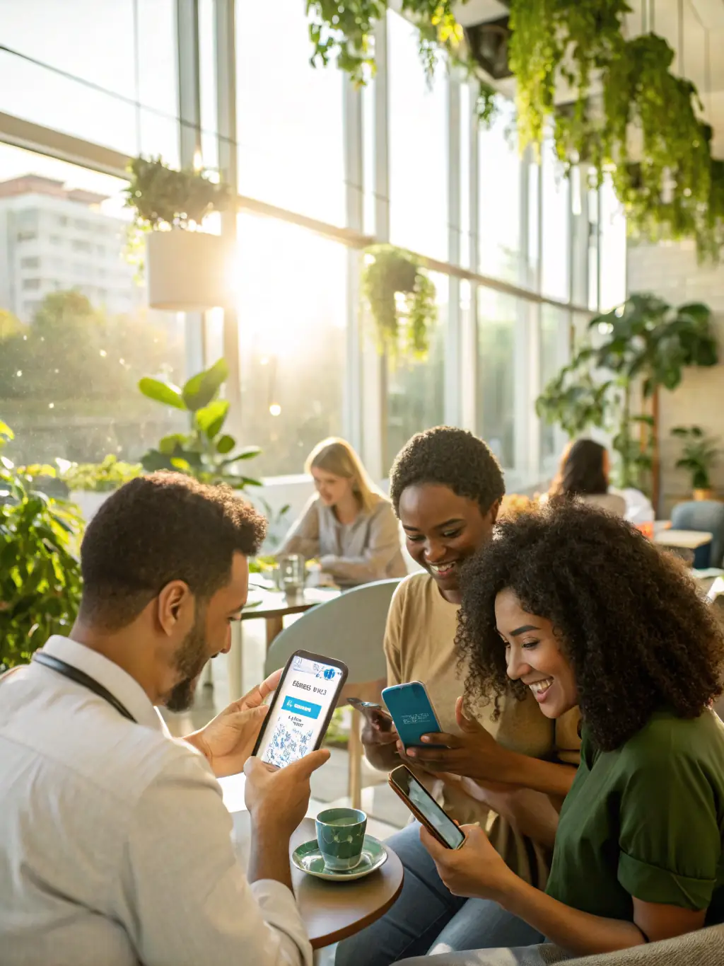 A diverse group of people smiling and using various devices (phone, tablet, laptop) to access healthcare services, set against a modern, clean background, symbolizing ease of access and inclusivity.