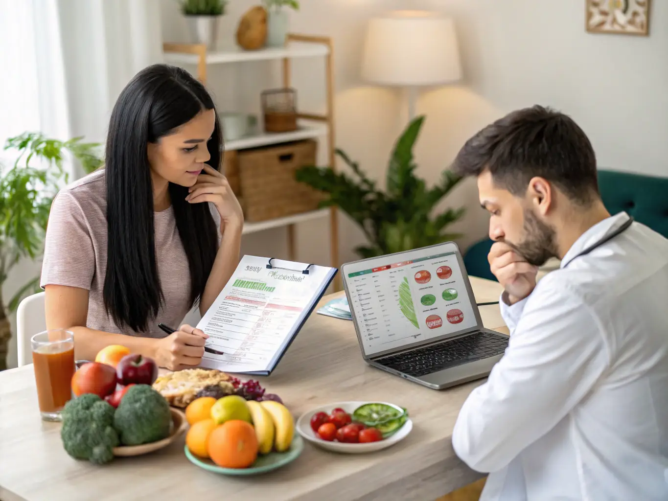 A nutritionist is providing personalized dietary advice to a client via video call, focusing on healthy eating habits and nutritional well-being, in a supportive and encouraging environment.