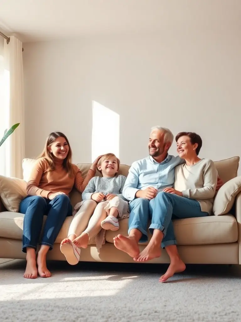 A diverse family smiling and interacting happily in their living room, representing the affordability and accessibility of Third Sector Benefits for all families.