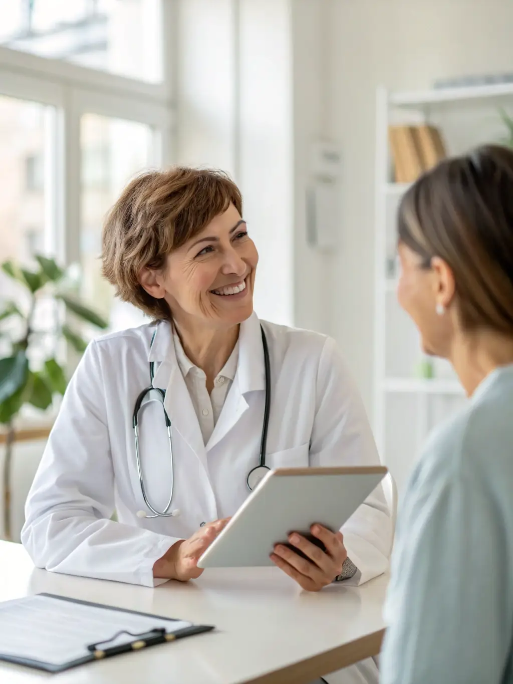 A friendly doctor in a virtual consultation with a patient, both smiling, showcasing the accessibility of general care services offered by Third Sector Benefits.