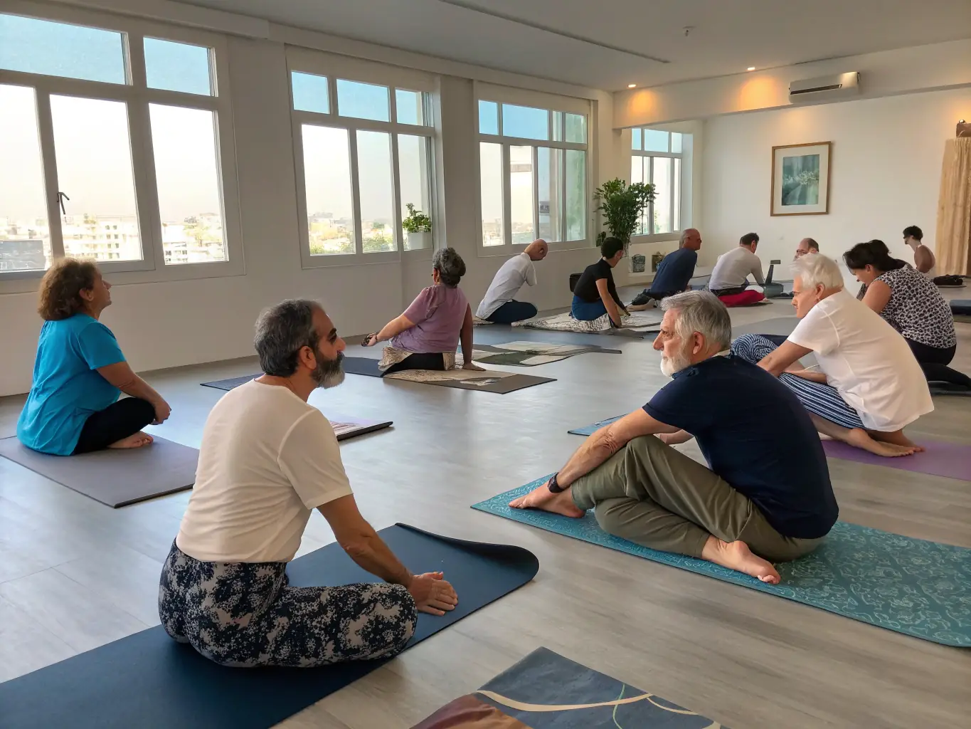 A diverse group of nonprofit employees are participating in a virtual yoga session, promoting mental and physical well-being, with a calming and supportive atmosphere.