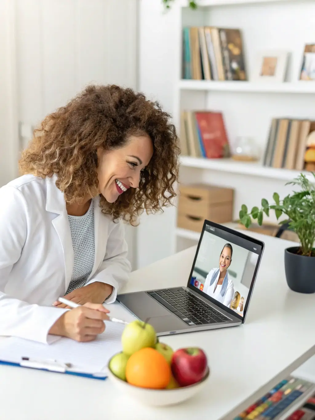 A nutritionist providing dietary advice to a client via video call, emphasizing the role of nutrition in overall health and wellness.
