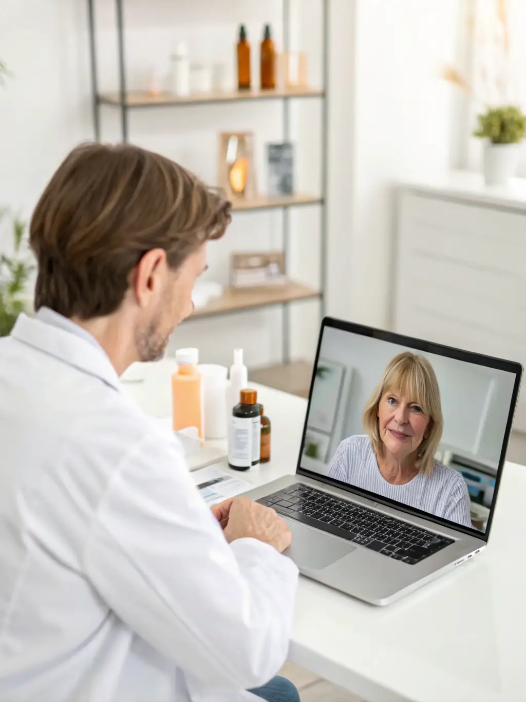 A dermatologist examining a patient's skin condition during a virtual appointment, highlighting the convenience of specialized care.