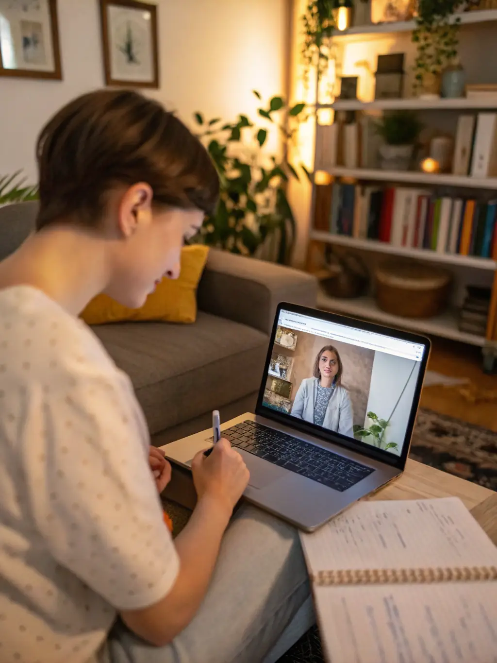 A therapist conducting a virtual therapy session with a client, emphasizing the importance of mental health support for employees.