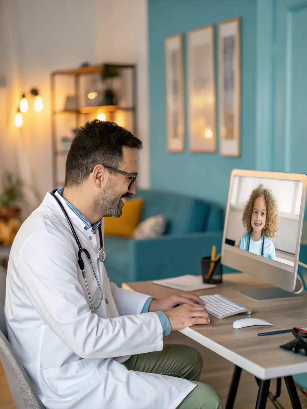 A friendly doctor smiling during a virtual consultation with a patient in their home, showcasing general care services.